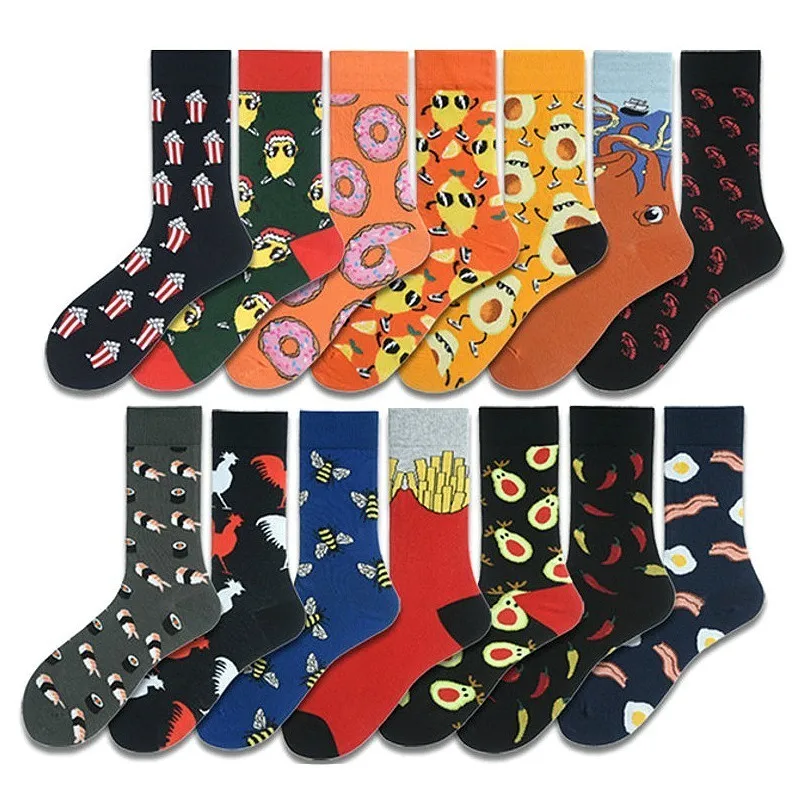 

Funny Cotton Men Socks Colorful Creative Pattern French Fries Pizza Egg Doughnut Sokken Harajuku Happy Socks For Christmas Gift