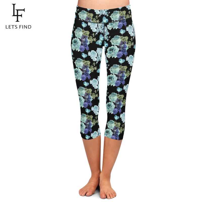 

Fashion Casual Women Black Capri Leggings 3D Flowers and Butterfly Design Milk Silk Print High Waist Mid-Calf Elastic Leggings