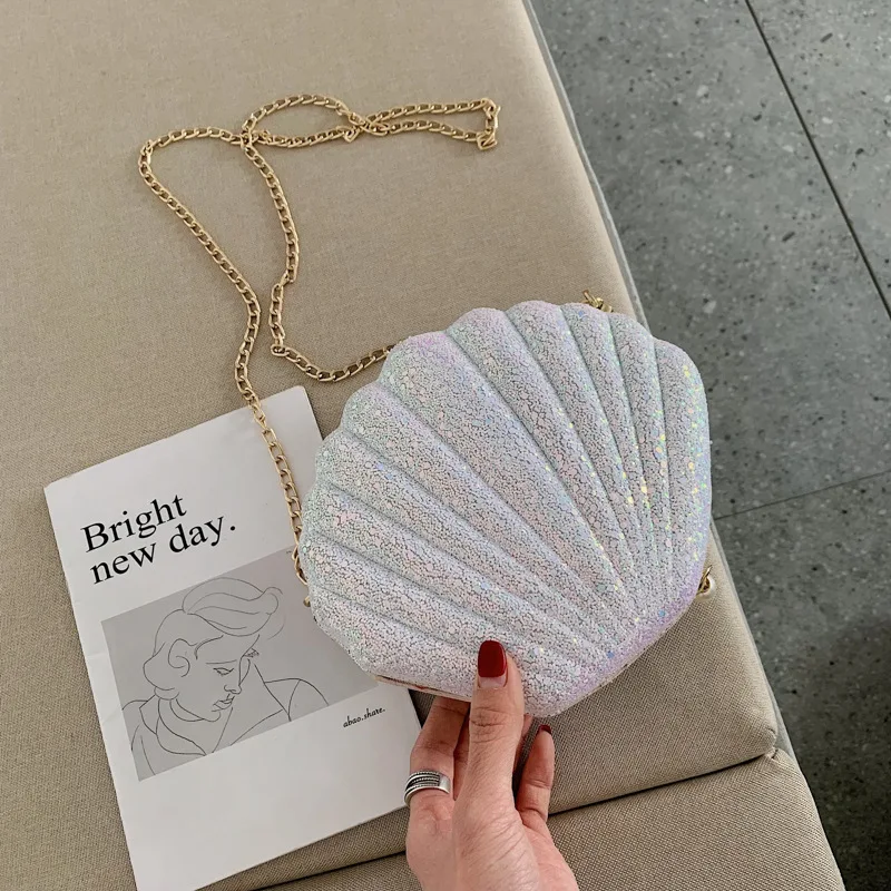 Women Summer Bag Small Sequins Shell Shape Chain Bag Ladies Fashion Sequine Samll Shoulder Bag Girls\' Cute Crossbody Bag