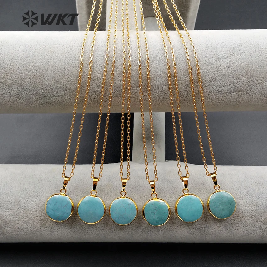 

WT-N1000Wholesale fashion jewelry natural green howlite necklace High quality round shape stone with 24k gold electroplate chain