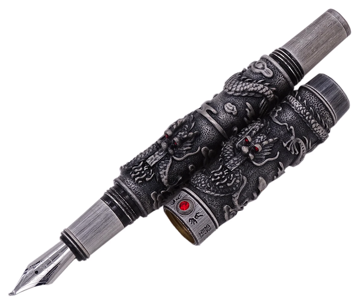 Jinhao Vintage Ancient Gray Fountain Pen Double Dragon Calligraphy Fude Nib Metal Carving Embossing Heavy Pen Collection