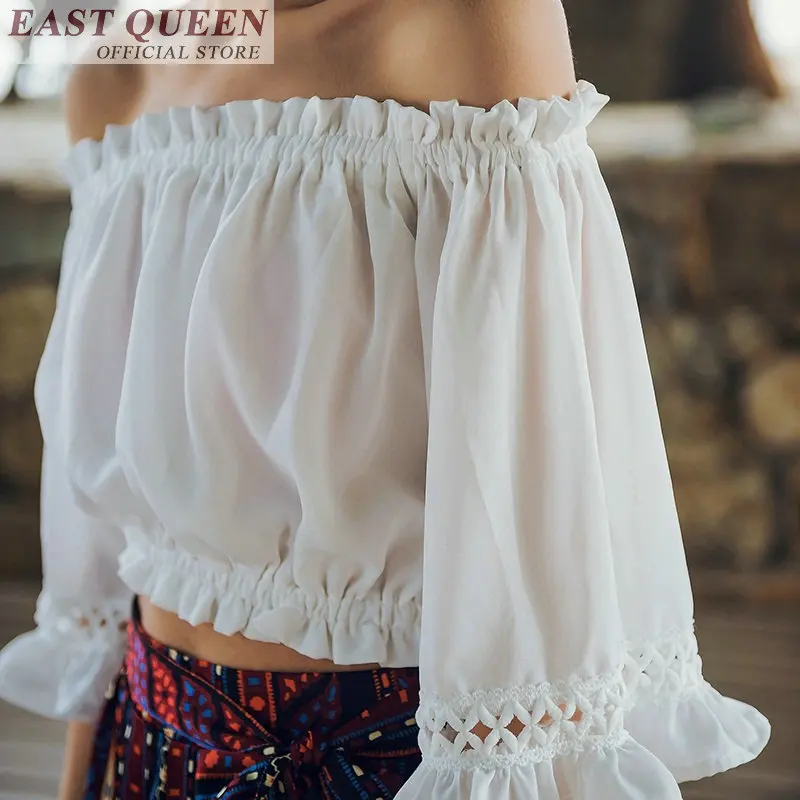 Bohemian summer beach blouses slash neck off shoulder sexy female tops shirt ruffles solid three quarter petal sleeve DD768 L