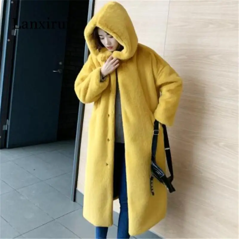 Autumn Winter Mink Women Fur Coat Clothes  Korean Faux Fur Streetwear Hooded Loose Thick Warm Long Coat Female