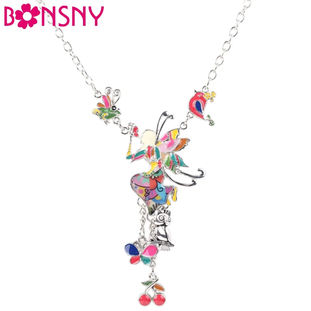 Bonsny Maxi Alloy Butterfly Fairy Enamel Colorful Necklaces Pendant New Fashion Jewelry For Women Statement Charms Decorations