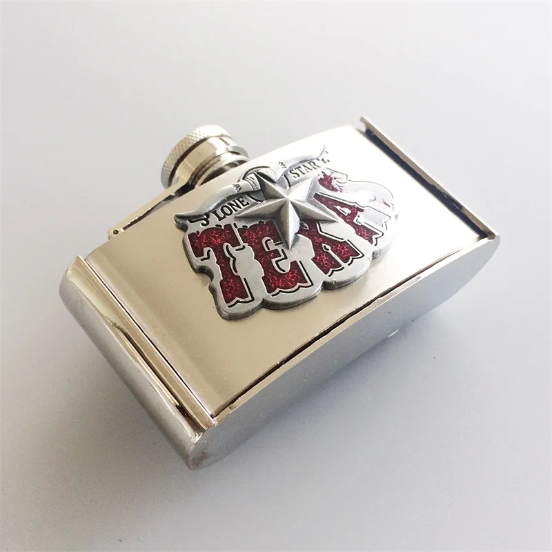 Bright Silver Enamel Long Horn Star 3 oz Stainless Steel Flask Belt Buckle