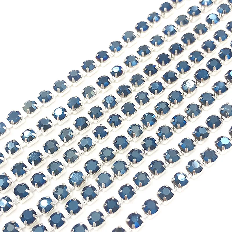 Free shipping 5 yards/bag Super bright encryption Cobalt blue 2mm-4mm silver base rhinestones cup chain,diy clothing accessories