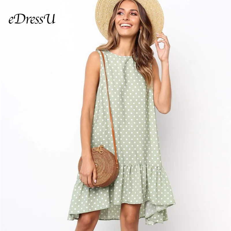 8 Colors Pink Polka Dot Dress Loose Sleeveless Ruffles Casual Summer Dress Knee Length Korean Daily Dress eDressU CLX-101112