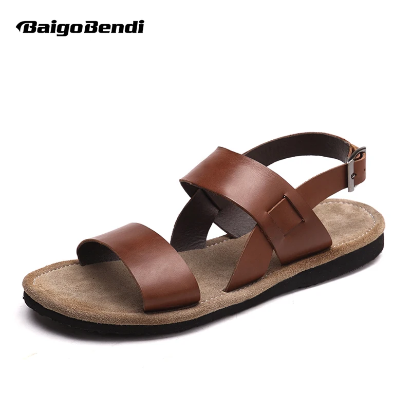 US 6-10 Men\'s Buckle Strap REAL Leather Casual Beach Sandals Mature Man Summer Outdoor Shoes