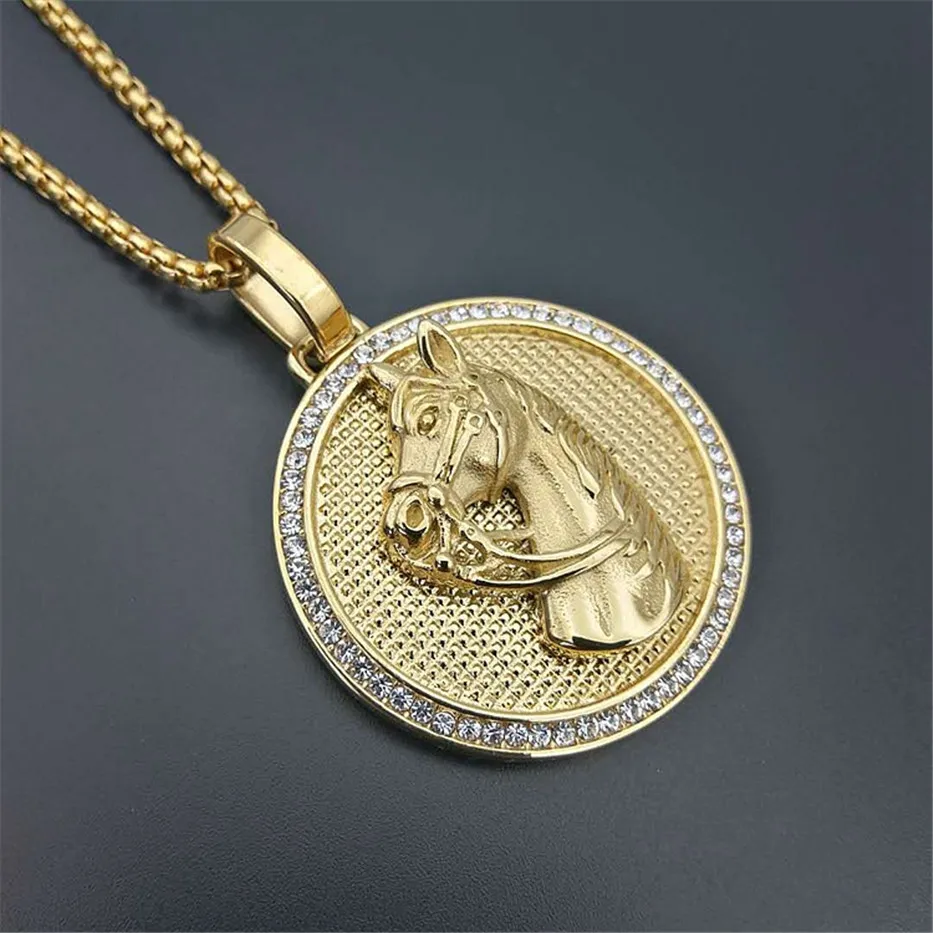 Jockey Club Horse Head Pendants Necklaces For Women/Men Gold Color Stainless Steel Round Coin Iced Out Bling Hip Hop Jewelry
