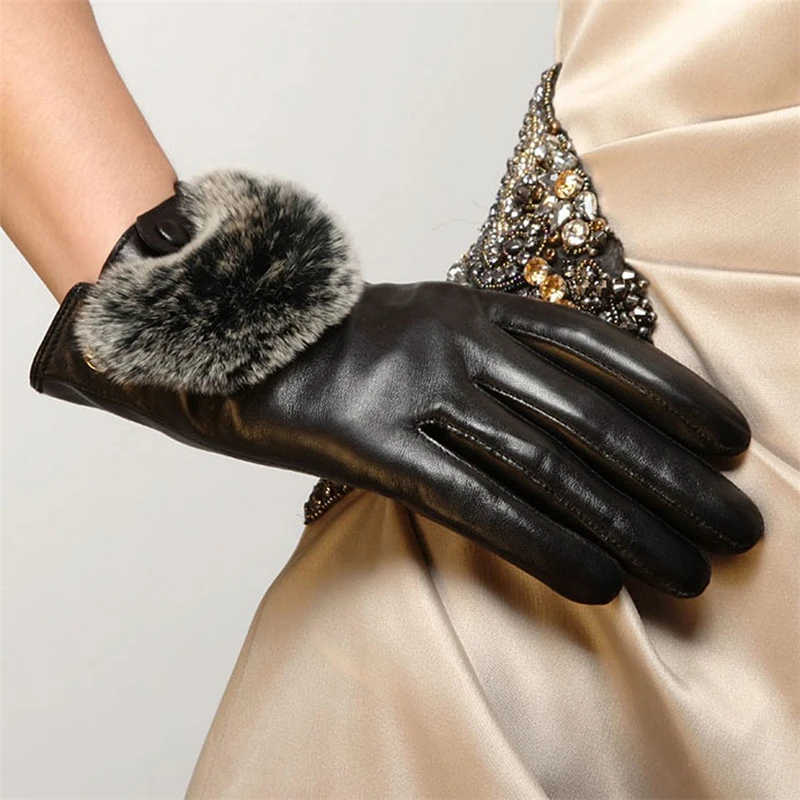 Brand Genuine Leather Gloves Fashion Women Sheepskin Gloves Wrist Rabbit Hair Black Winter Fingers Driving Glove L126NK