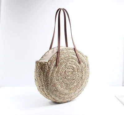 2018 Moroccan Palm Basket Bag Women Hand Woven Round Straw Bags Natural Oval Beach Bag Big Tote Circle Handbag  Fashion