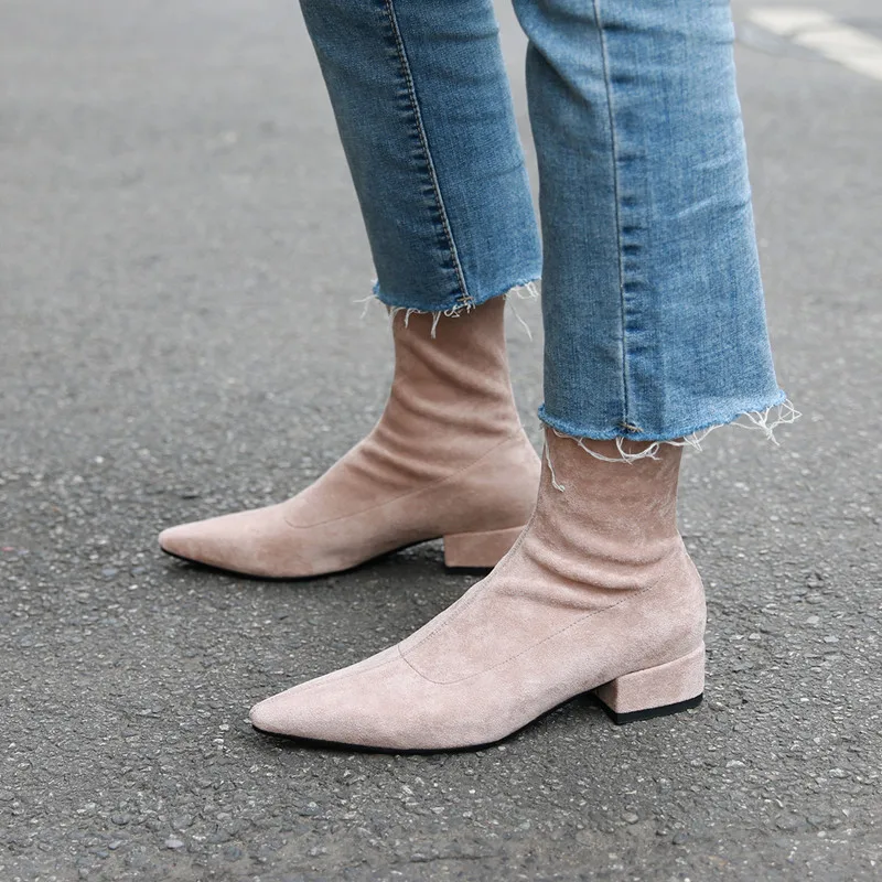 Autumn New Fashion Women Boots Pointed Toe Yarn Elastic Ankle Boots suede Thick Heel Shoes Female Socks Boots Bota Feminina