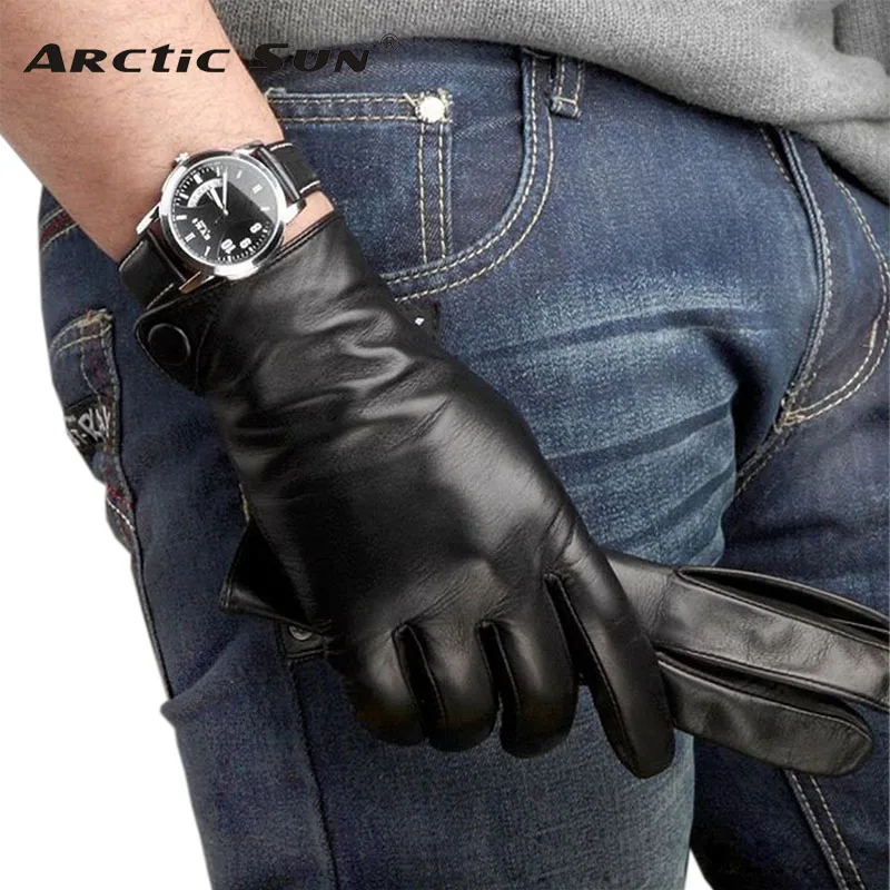 Fashion Men Real Sheepskin Gloves Wrist Solid Winter Lambskin Genuine Leather For Male Warm Driving Glove Free Shipping M001NC