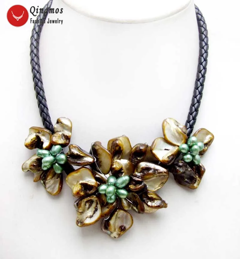 

Qingmos Trendy Brown Shell Flower Pendant Necklace for Women with 3 Piece Shell Flower Pearl Necklace Jewelry 18'' Chokers N6335