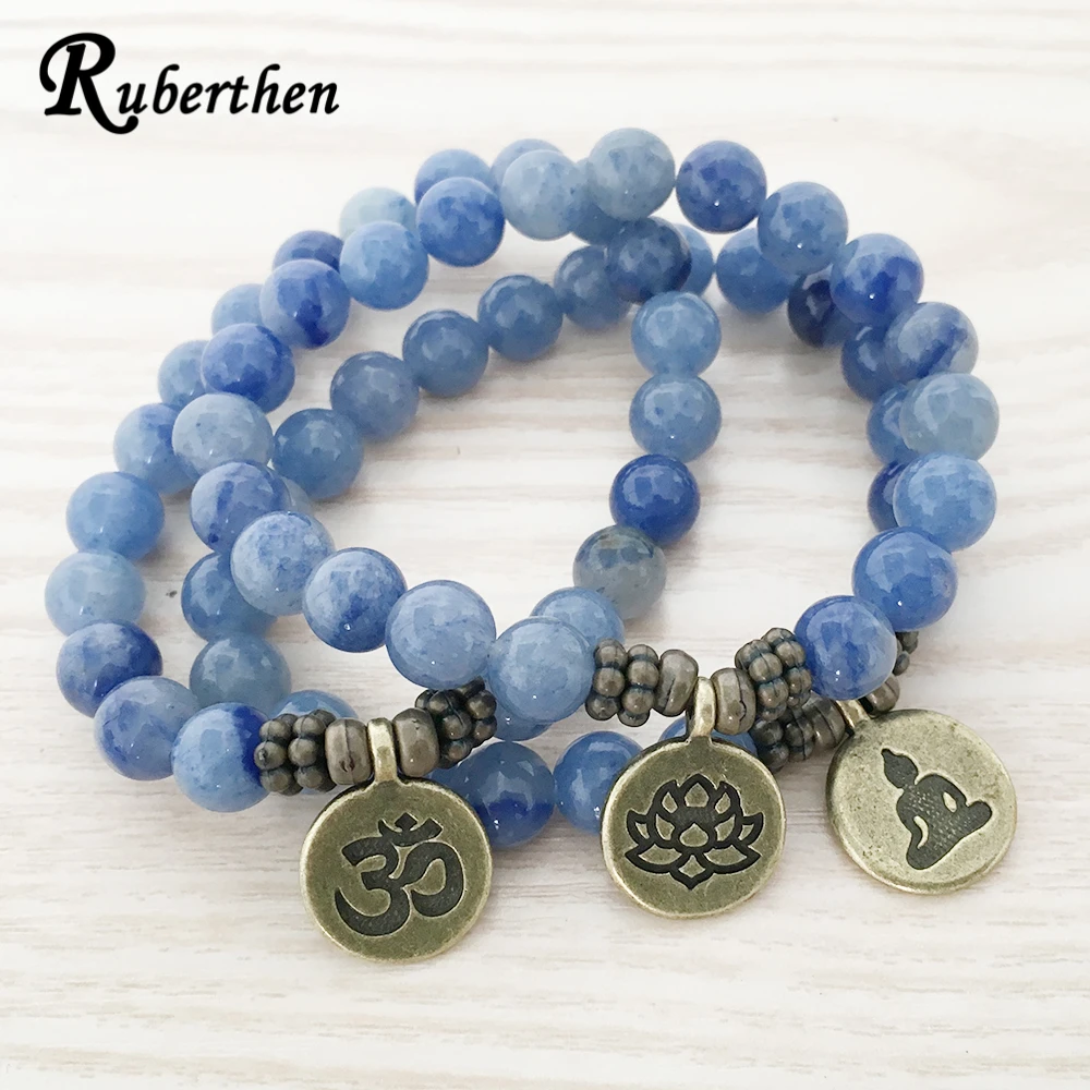 Ruberthen High Quality Handmade Bracelet Blue Aventurine Bracelet Antique Brass Om Buddhist Lotus Charm Lucky Bracelet