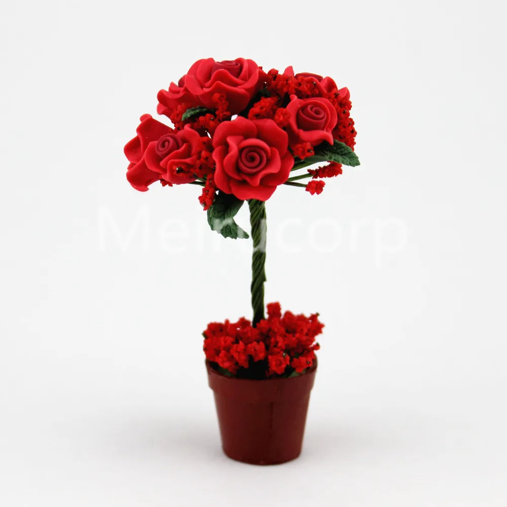 

Dollhouse decoration 1:12 Scale miniature Clay Mini plant Potted Red rose flower