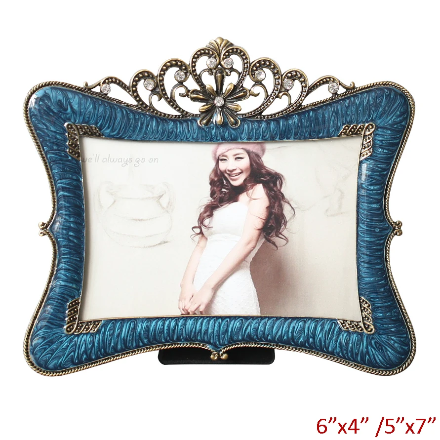 European Vintage Antique Brass Blue Purple Silver White Hand Enameled and Jeweled 6x4,5x7 inches Metal Alloy Picture Photo Frame