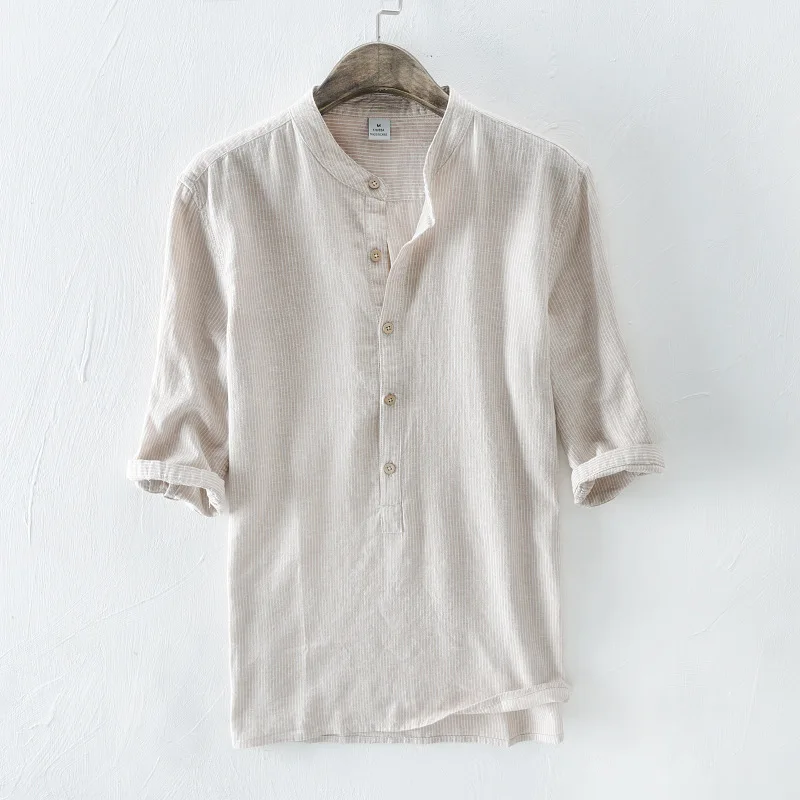 Men's Pullover Cotton Linen Shirts Short Sleeve  Men Summer Breathable Stand Collar Quality Business Shirts Male Camisa TS-341