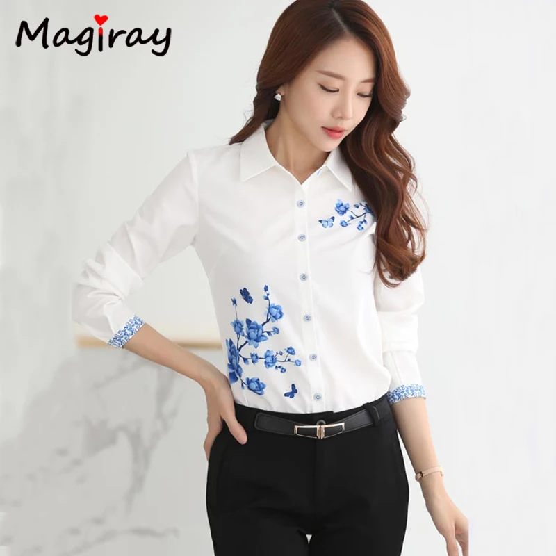 Camicetta con stampa floreale a farfalla blu a maniche lunghe Donna 2021 Autunno estivo Top Elegante camicia da lavoro per ufficio Cottagecore