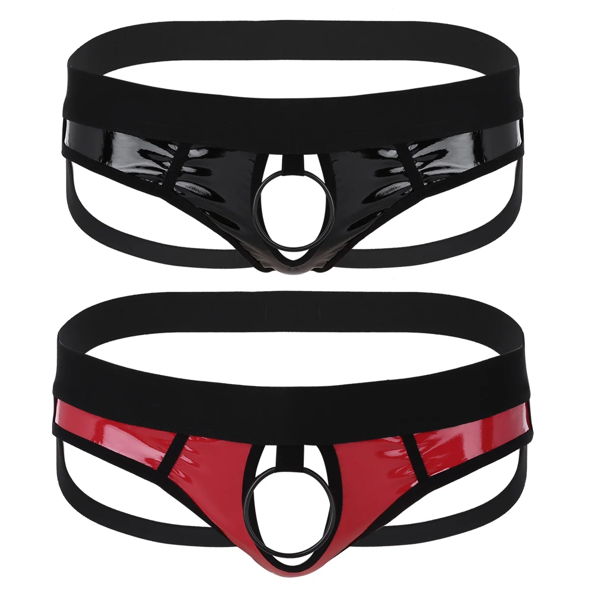 Bikini taille basse en similicuir pour hommes, lingerie sexy, dos ouvert, jockstrap évidé, sous-vêtements string, joint torique en métal