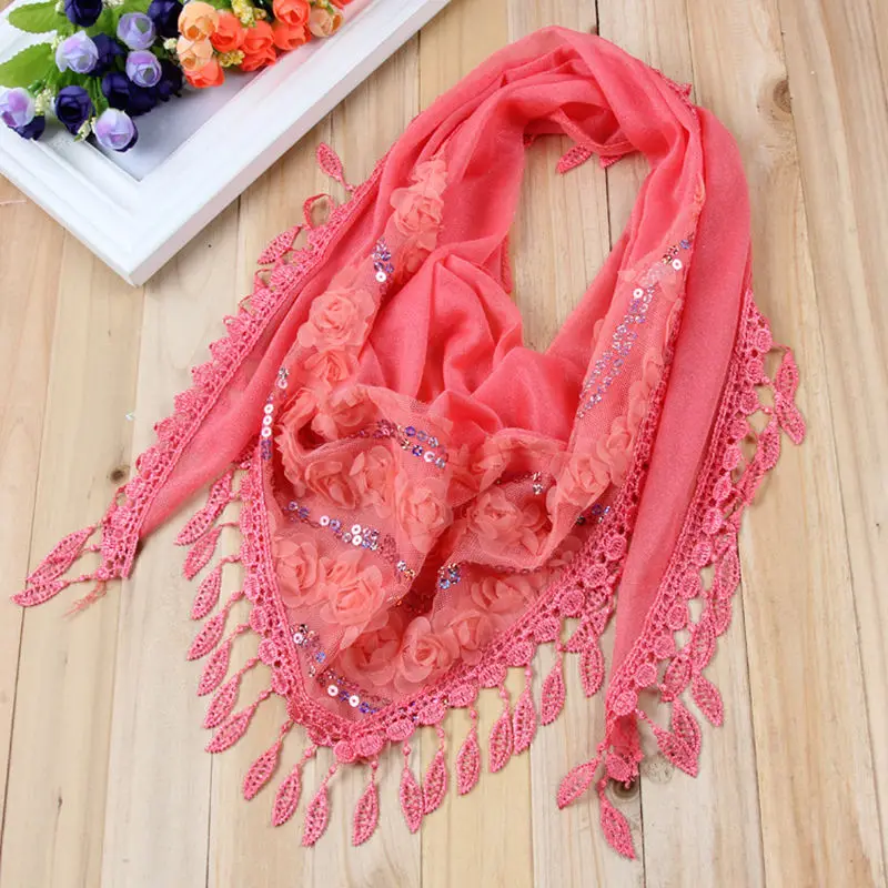 Women Tassel Shawls And Scarves Autumn Women Female Silk Flower Lace Triangle Pendant Scarf Fashion Women Scarf