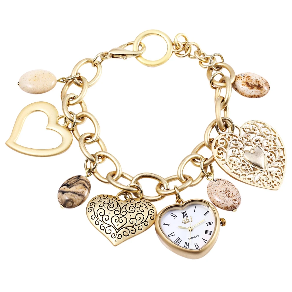 ASJ New Fashion Women Quartz Watch Heart Pendant Chain Band Bracelet