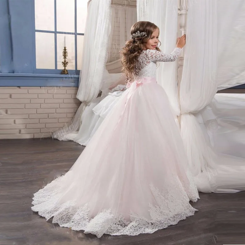 Lovely Flower Girl Dresses for Wedding Pink Lace Tulle Long Sleeve Ball Gown Princess Birthday Party Gown First Communion Dress