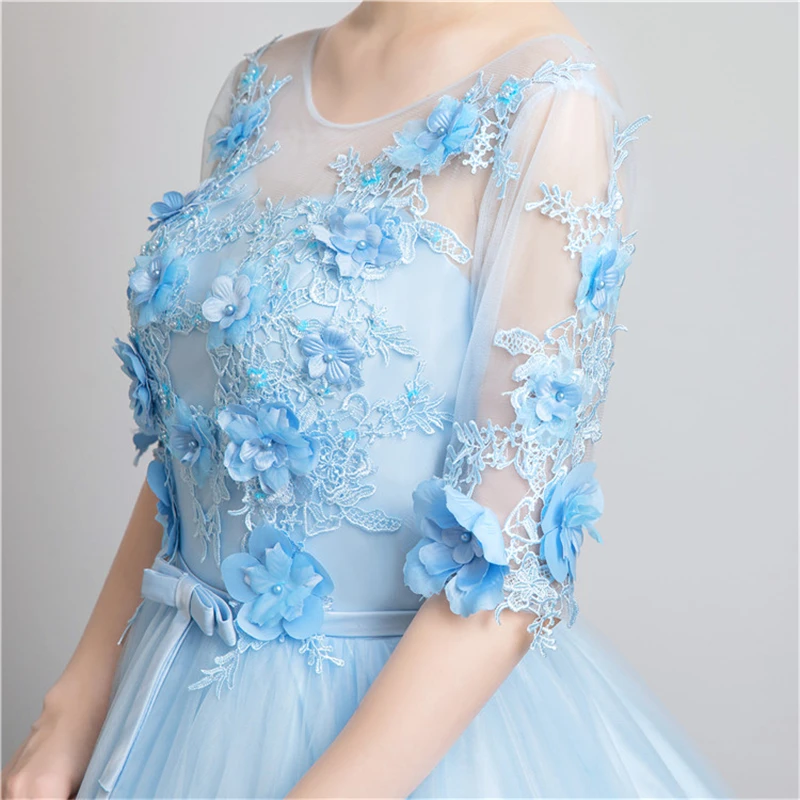 Sweet Elegant Light Blue Long Evening Dress Half Sleeve Pearls Applique Ball Gown Solo Show Masquerade Dress Vestido De Festa 30