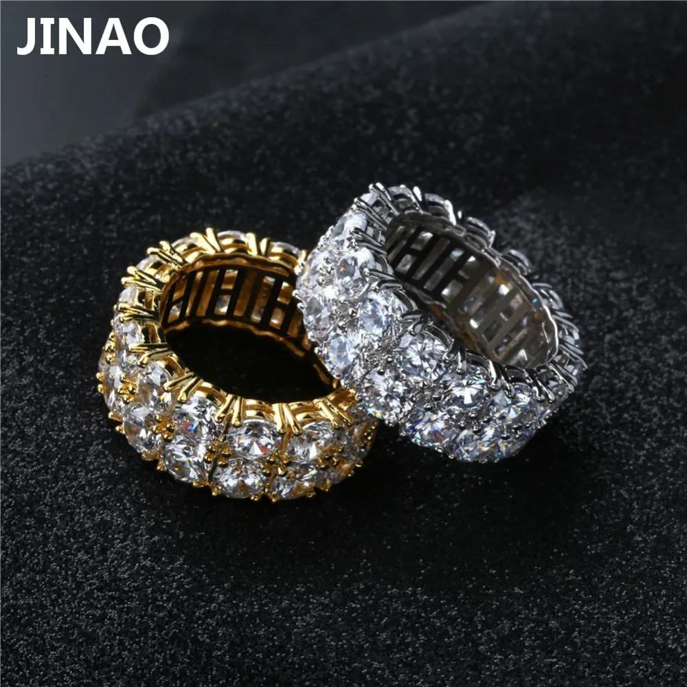 JINAO New Design Gold Silver Color Plated Ring Micro Paved 2 Row Chain Big  Zircon Shiny Hip Hop Finger Ring for Men Women