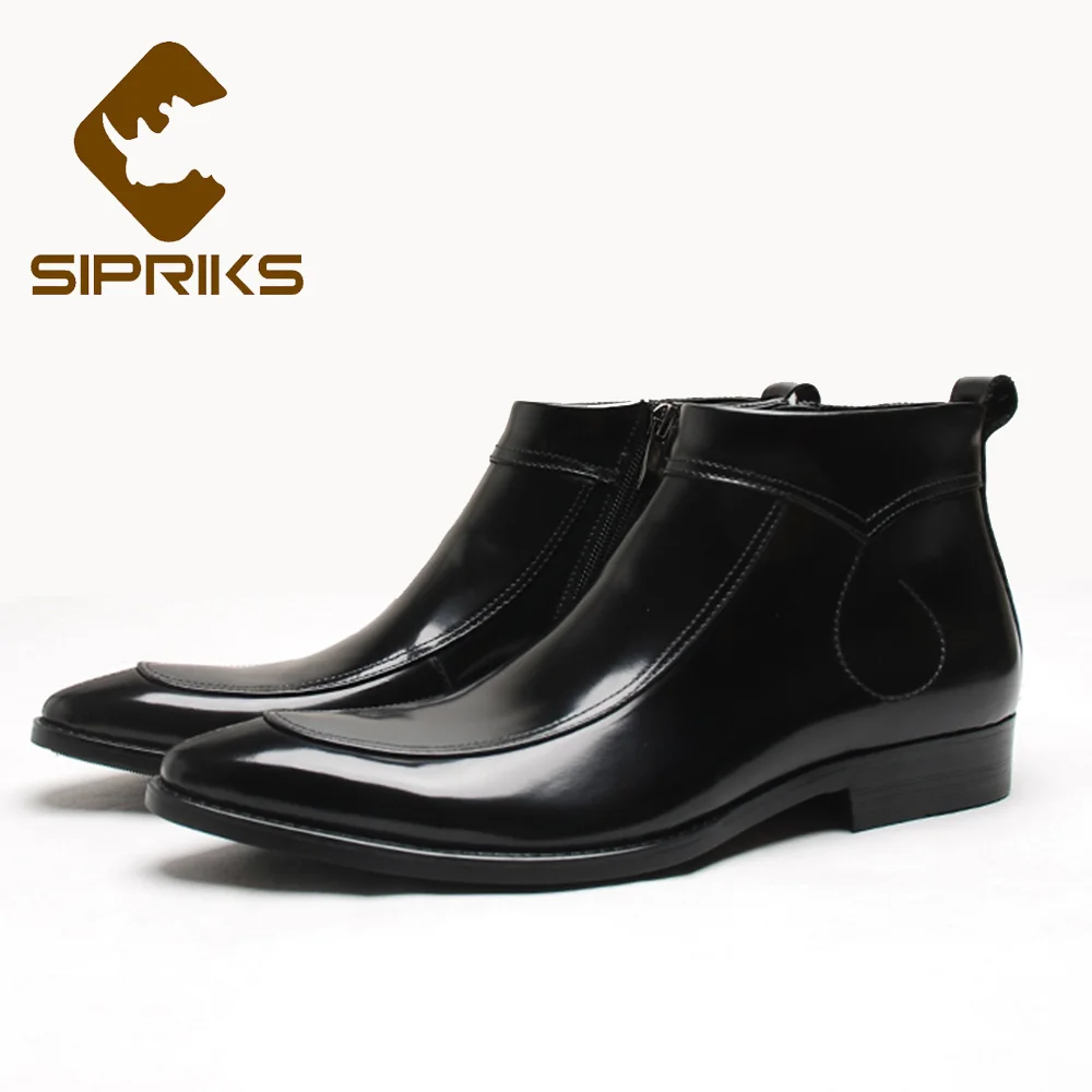 Sipriks Mens Leather Ankle Boots Black Pointed Zip Boots Formal Suits Gents Cowboy Wine Red Boots Luxury Top Quality Rubber Boot