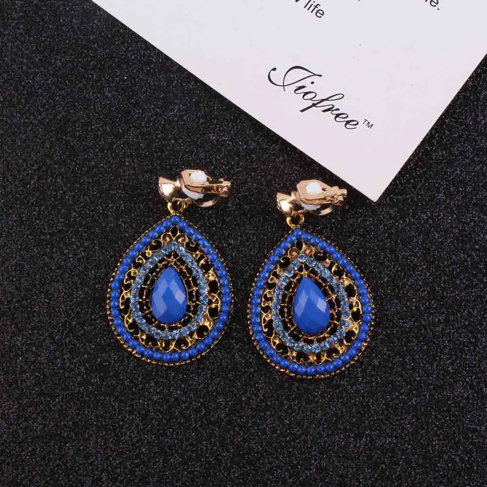 New Party 6 color Bijoux Bohemia Statement Crystal  Clip on Earrings Without Piercing Boho Turkish Vintage Ethnic Jewelry