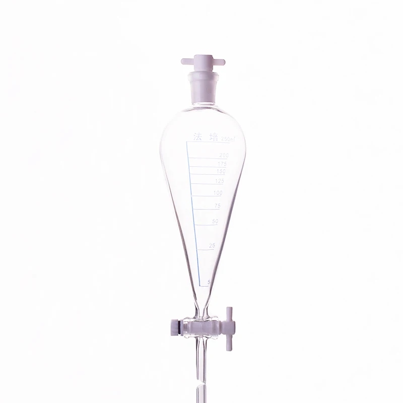 Separatory funnel pear shape,with ground-in PTFE stopper 19/26 and stopcock,With tick marks,Capacity 250ml,PTFE switch valve