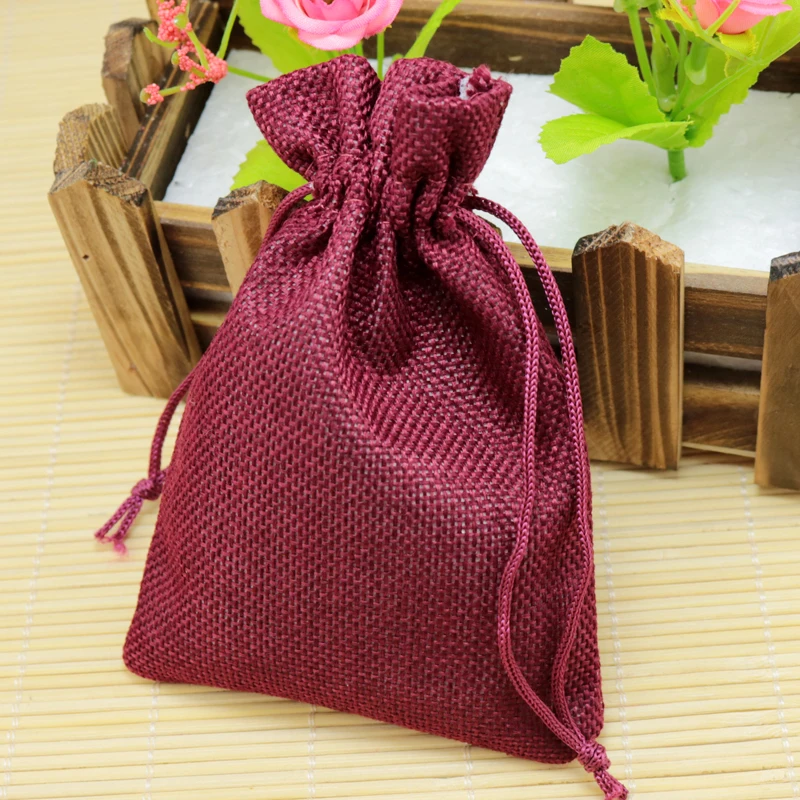 

100pcs/lot Dark Red Jute Bag 10*14cm Cute Drawstring Gift Bag Wedding Use Sachet Storage Linen Charms Jewelry Packaging Bags