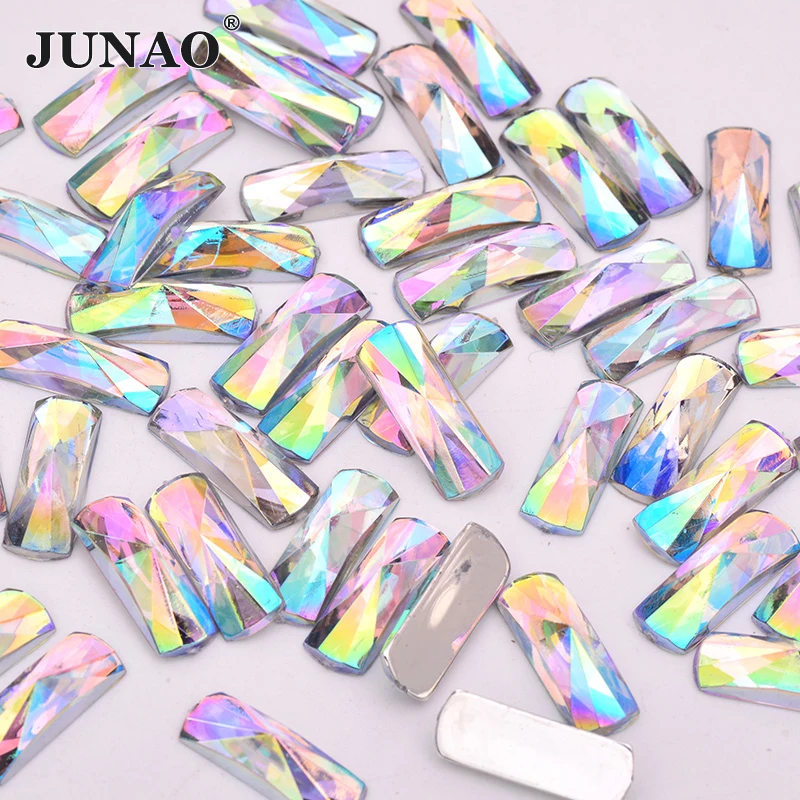 JUNAO 6x16mm Aqua Blue AB Crystal Flat Back Rhinestones Applique Acrylic Gems Glue On Rectangle Stones Scrapbook Strass for DIY