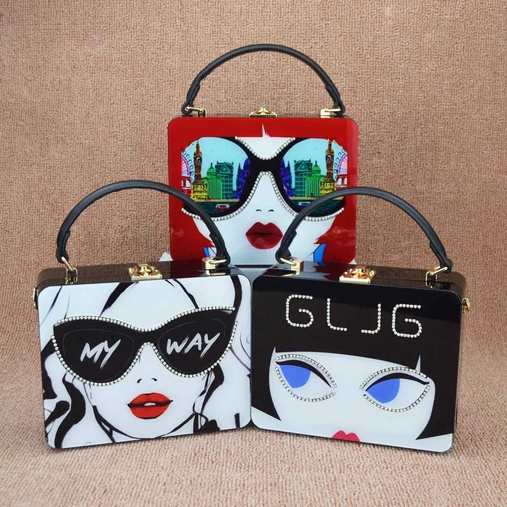 Fashion girl glasses Acrylic Mini Tote Bags My Way Letter Box Shoulder Bags Black Flap Purse Strap Female Messenger Bags