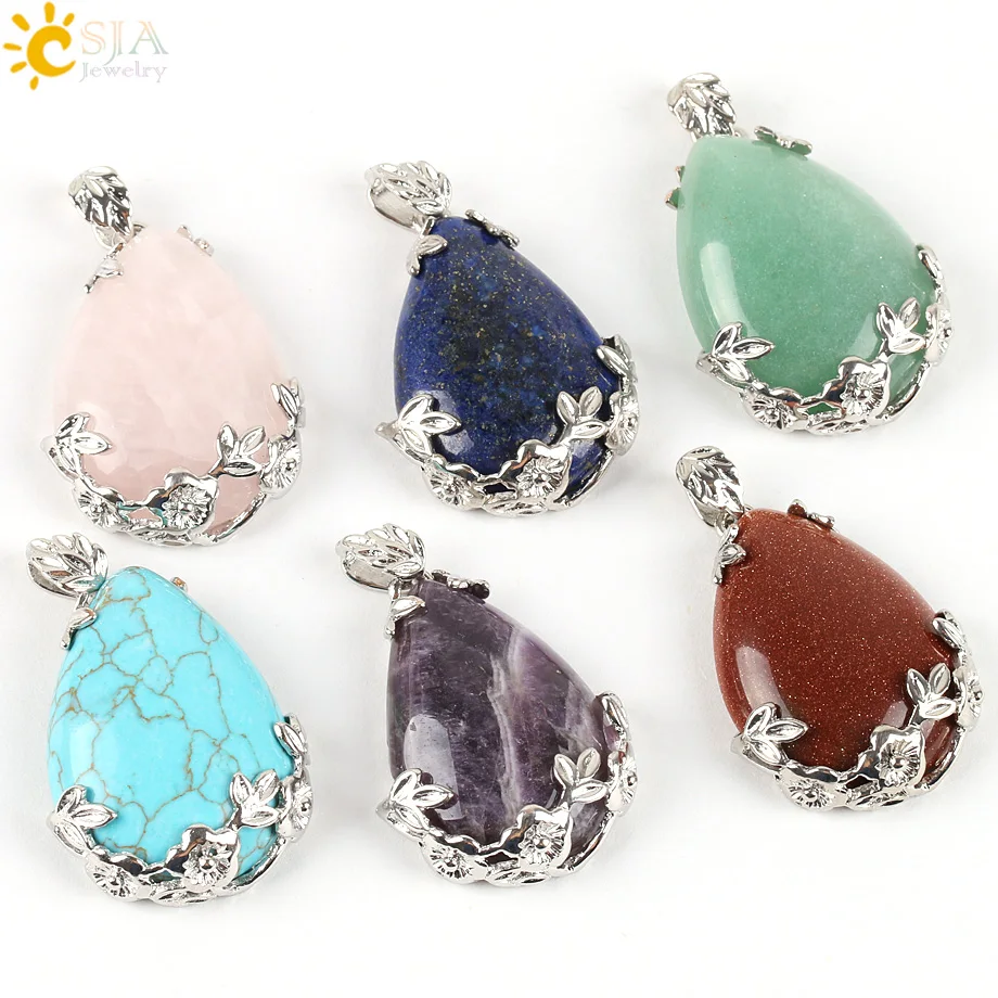 CSJA Jewelry Shopping Online Women Natural Pink Quartz Stone Necklace & Pendant Tear Water Drop Love Reiki Bead Ketting E082