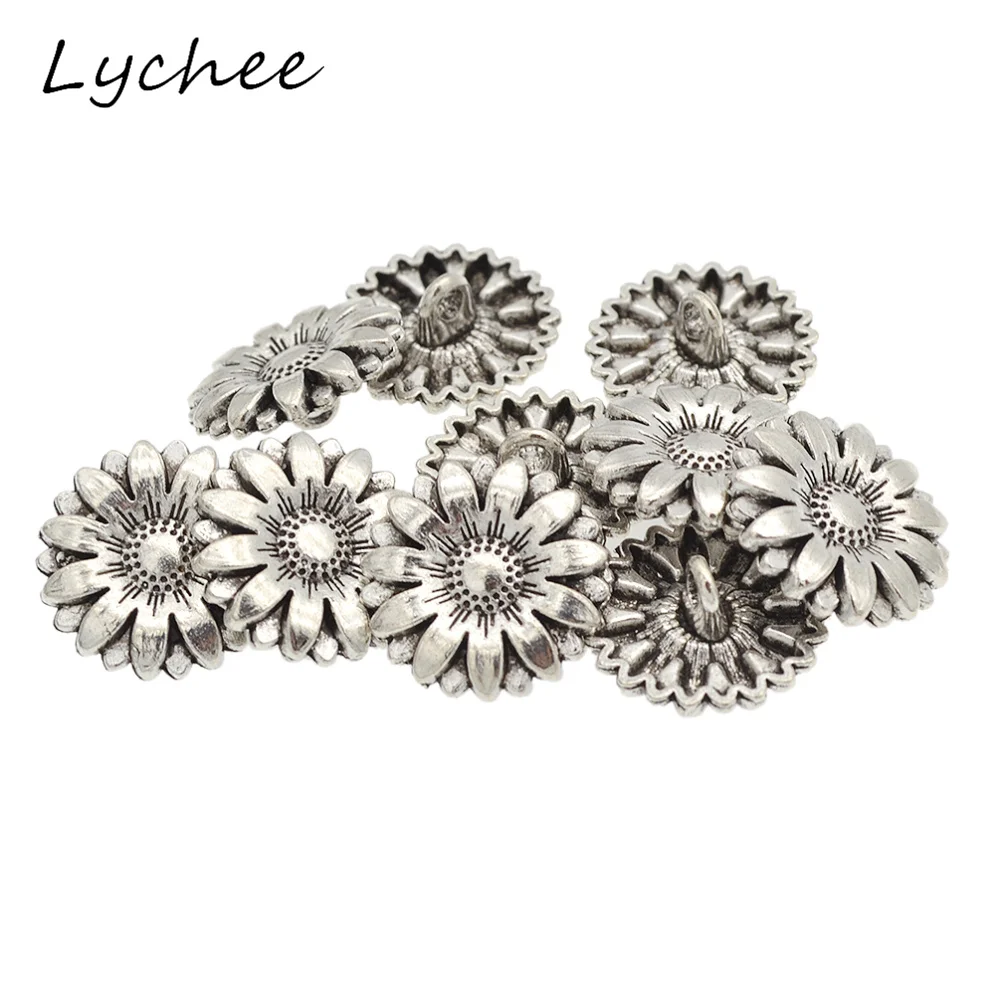 Lychee 10 pcs Creativo Argento Antico Fiore di Girasole Gambo di Metallo Bottoni Per La Decorazione Artigianato Vestiti Delle Donne Pulsante