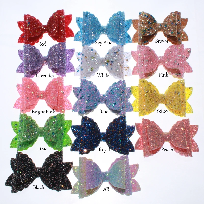 200PCS 8.5CM Boutique Glitter Synthetic Leather Hair Bow For Hair Clip Messy Sequin Bow Knot ForGirl Hairgrips Hair Accessories