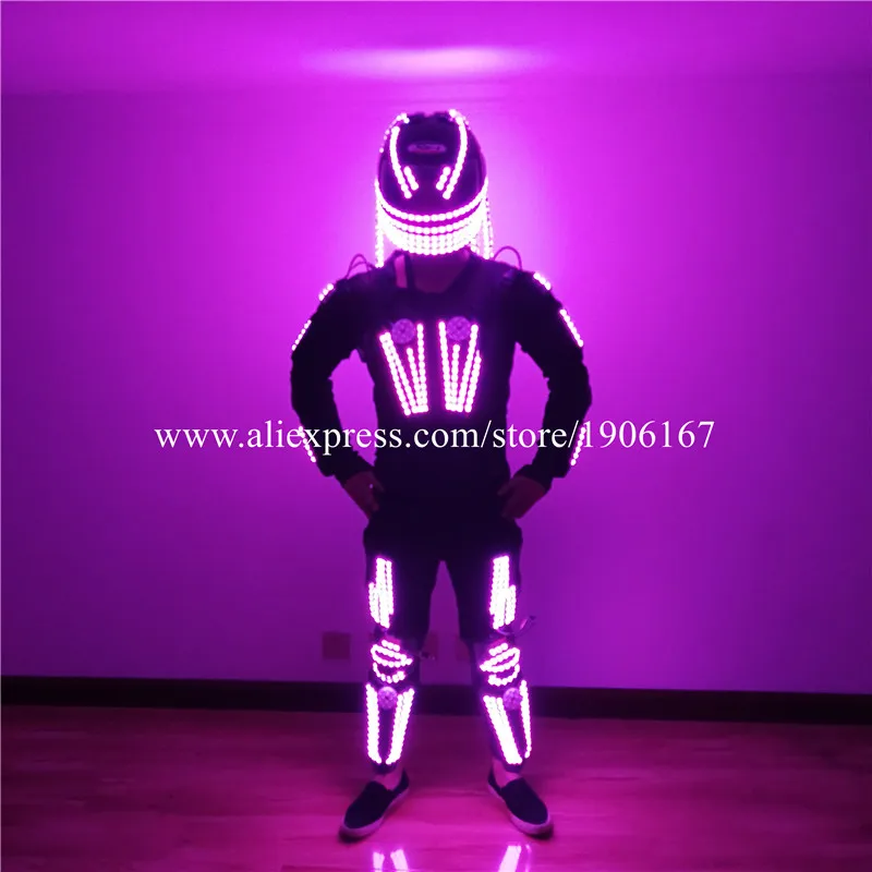 

RGB Colorful Led Luminous Flashing Armor Robot Dance Suit Growing Led Halloween Helmet With Wigs Stage Performance Clothes