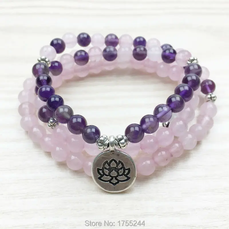 

SN1130 Lotus Mala Beads 108 Mala Necklace Buddhist 6mm Beads Rose Quartz Mala Jewelry Stone Yoga Bracelet