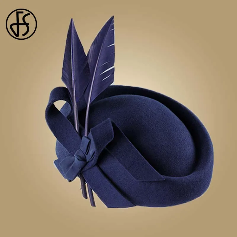 FS Royal Blue Women Feather Hat Fascinator For Wedding Black Wool Fedoras Felt Hats Elegant Lady Derby Church Party Hats