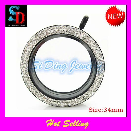 

New Style Black Floating Glass Lockets Face With Pave Crystals Stainless Steel Round Magnetic Locket 34mm