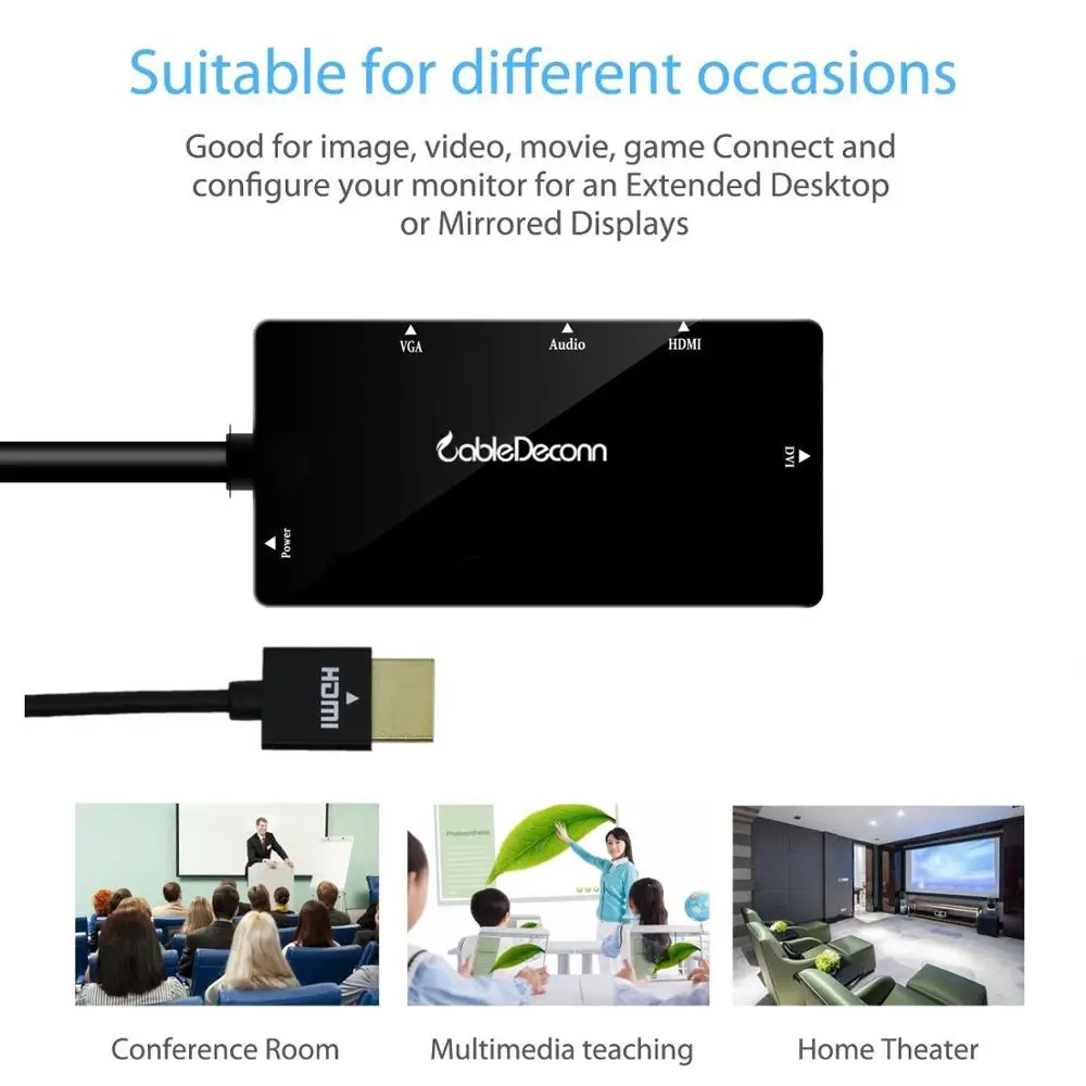 CableDeconn HDMI to HDMI VGA DVI Display Simultaneously Adapter 3.5mm Jack Audio With Micro USB Power Adapter Cable for Laptop