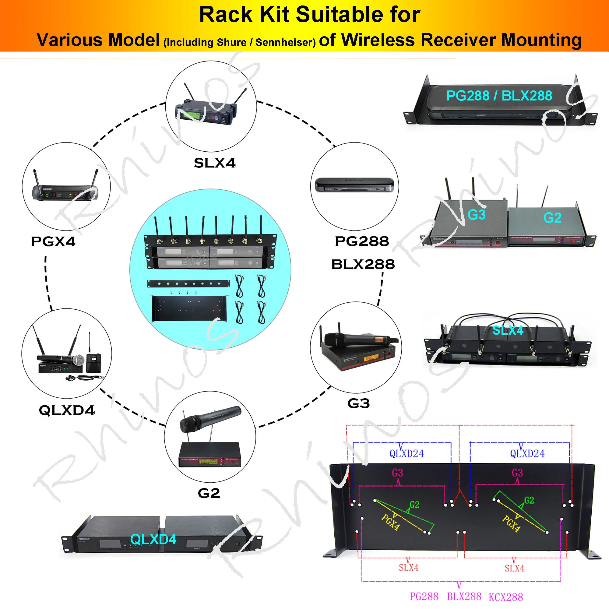 19'' Rackmount Bracket Kit for Shure SLX4 PGX4 QLXD4 BLX288 Sennheiser G2 G3 Wireless Distribution System Antenna Receiver Mount