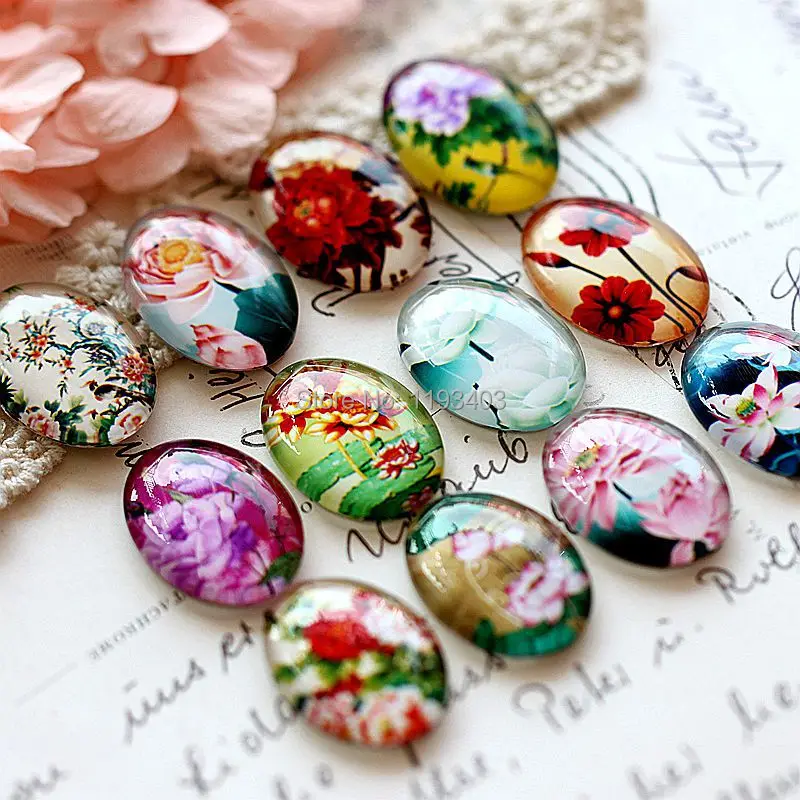 12PCS 18X25mm 30X40mm handmade Mixed Oval Glass Magnifying Image Cabochon Flatback for pendants base setting (Flower) (H-M-2002)