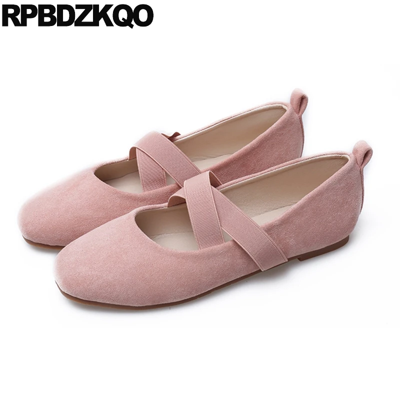 Flats Soft Ballet Women Ballerina Elastic Designer Square Toe Plus Size Japanese School Suede Shoes Pink 11 10 Large Cross Strap