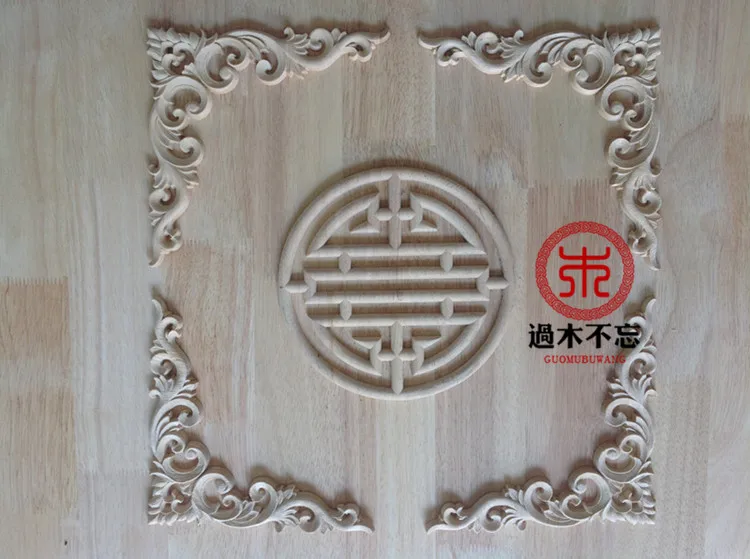 Wood dongyang wood carving fashion round corners applique smd wood shavings round flower carved kitchen cabinet gate flower