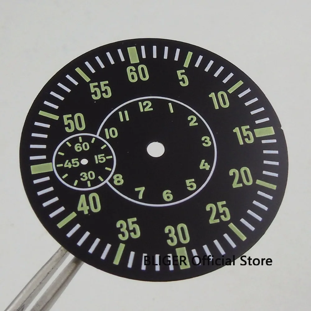 Nologo 38.9MM Watch Dial Green numbers Luminous Marks Fit ETA 6497 ST3600 Movement