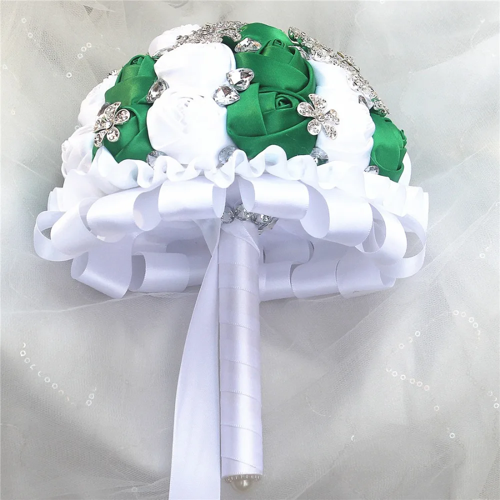 JaneVini Vintage Satin Rose Bridal Wedding Bouquets Handmade Green White Flowers Rose Crystal Beaded Bridal Bouquets with Ribbon