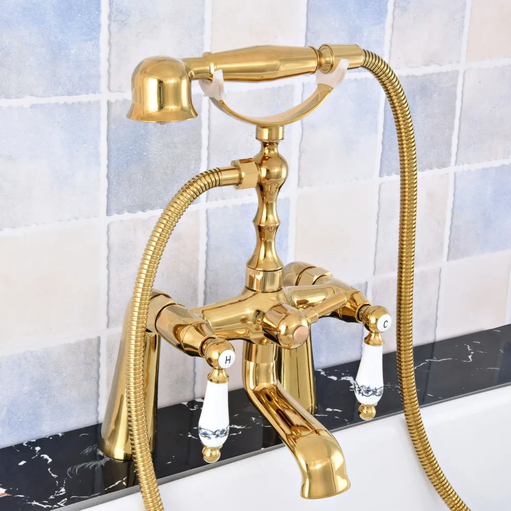 

Luxury Gold Color Brass Deck Mounted Bathroom Tub Faucet Dual Handles Telephone Style Hand Shower Clawfoot Tub Filler atf780